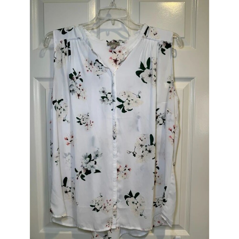 Gorgeous lucky brand floral white flowy sleeveless button down womens blouse 2X